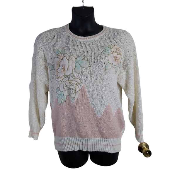 Jaclyn Smith VTG Knit Sweater Women's Large Beaded Floral Cream Pink Long Sleeve - Picture 9 of 16